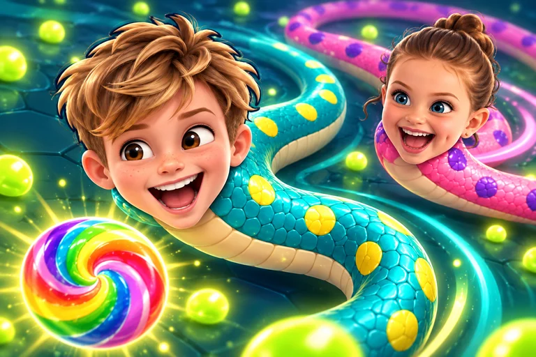 Chase and Evie as colourful snakes chasing a rainbow lolly