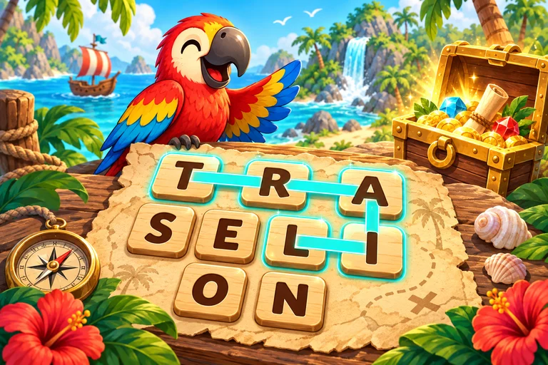 A parrot beside a treasure chest and a trail of letter tiles